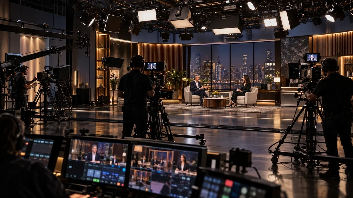 Professional multi-camera live television and video podcast studio with studio cameras and overhead lighting