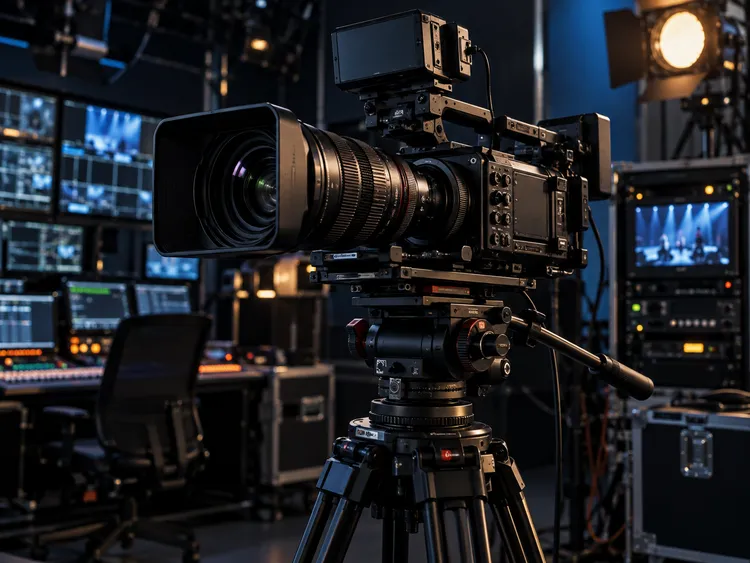 Professional studio camera mounted on a production tripod, framed inside a dark video control room