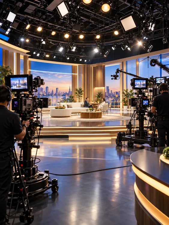 Wide television studio set with multiple cameras pointed toward presenters