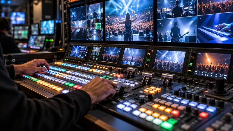 Broadcast control desk with switcher buttons and multiview video monitors