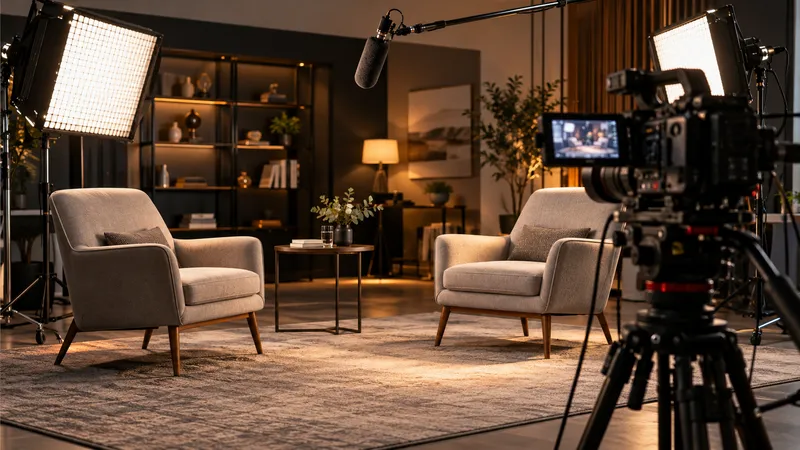 Professional video interview set with cinema lighting, camera and microphone