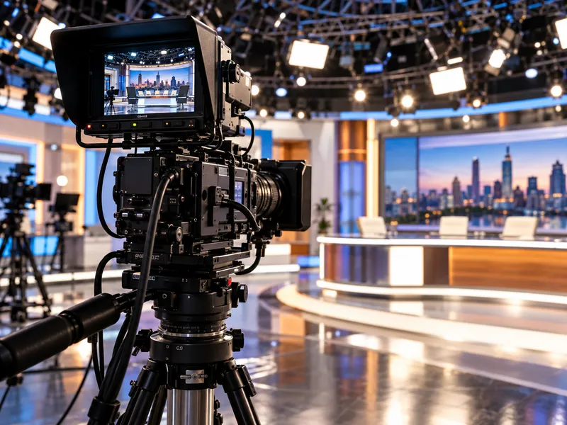 Television broadcast studio with professional camera viewfinder and tripod