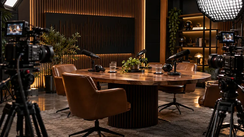 A premium video podcast production set with professional cameras and acoustic panels